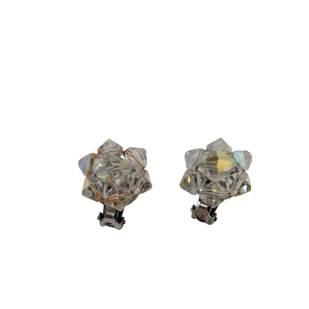 Vintage Aurora Borealis Crystal Cluster Clip On Earrings Iridescent Starburst